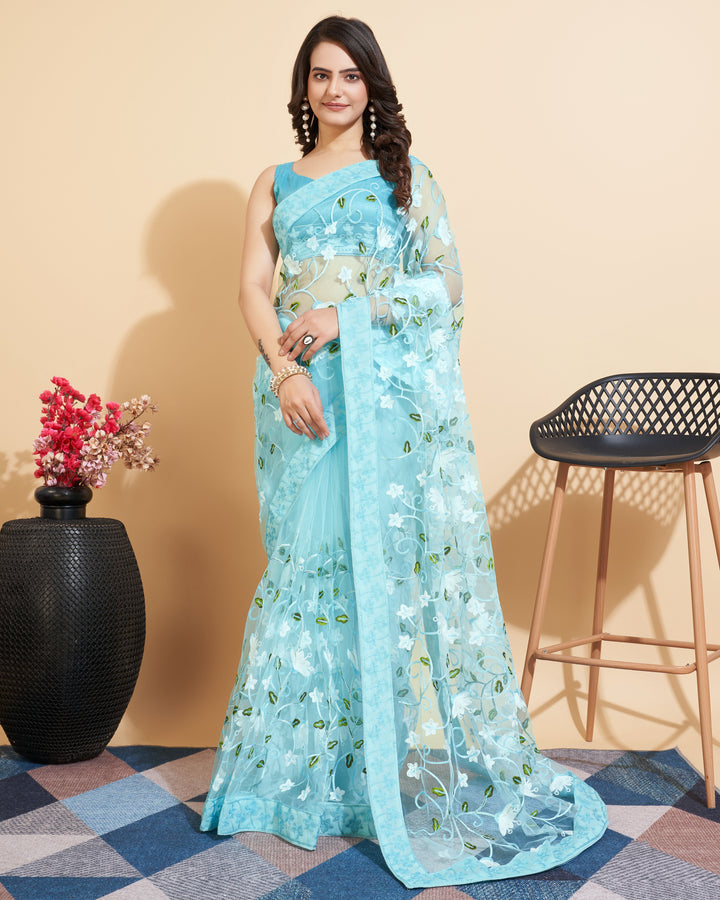 Soft-Net Saree with Multi-Thread Embroidery | Elegant Wedding Attire