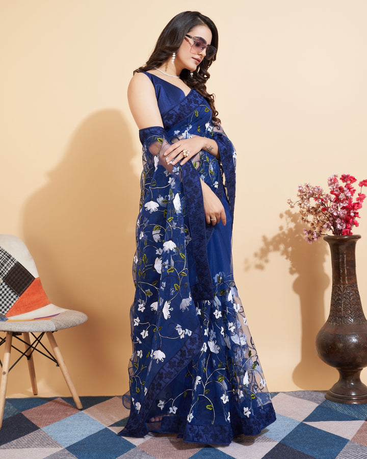 Soft-Net Saree with Multi-Thread Embroidery | Elegant Wedding Attire