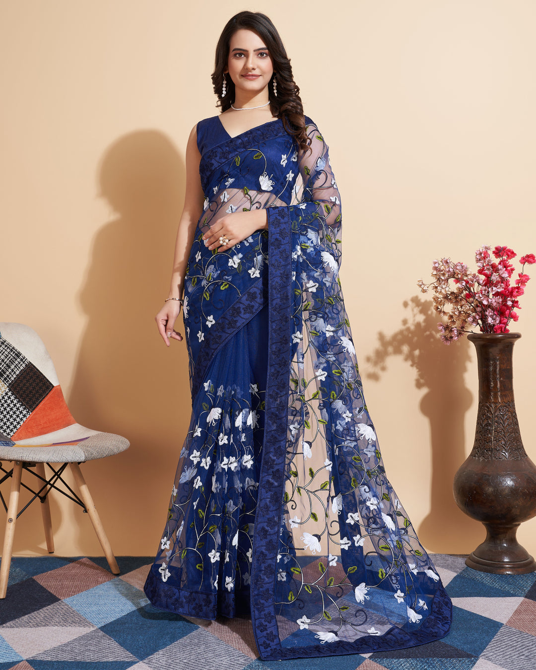 Soft-Net Saree with Multi-Thread Embroidery | Elegant Wedding Attire