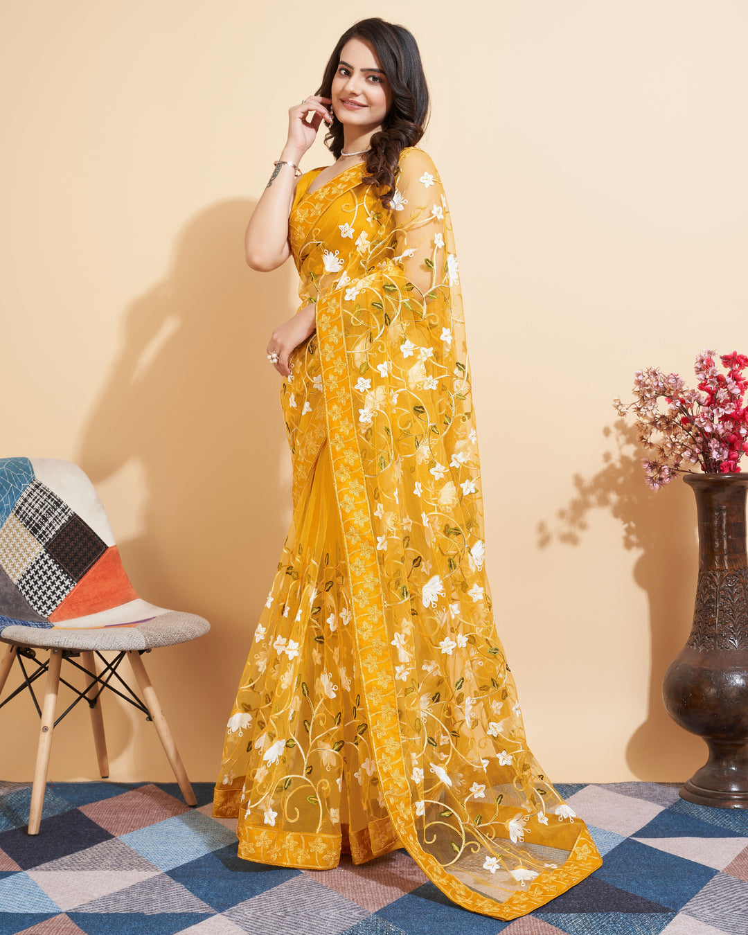 Soft-Net Saree with Multi-Thread Embroidery | Elegant Wedding Attire