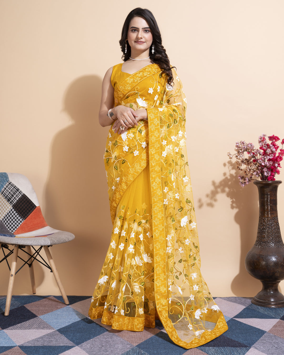 Soft-Net Saree with Multi-Thread Embroidery | Elegant Wedding Attire