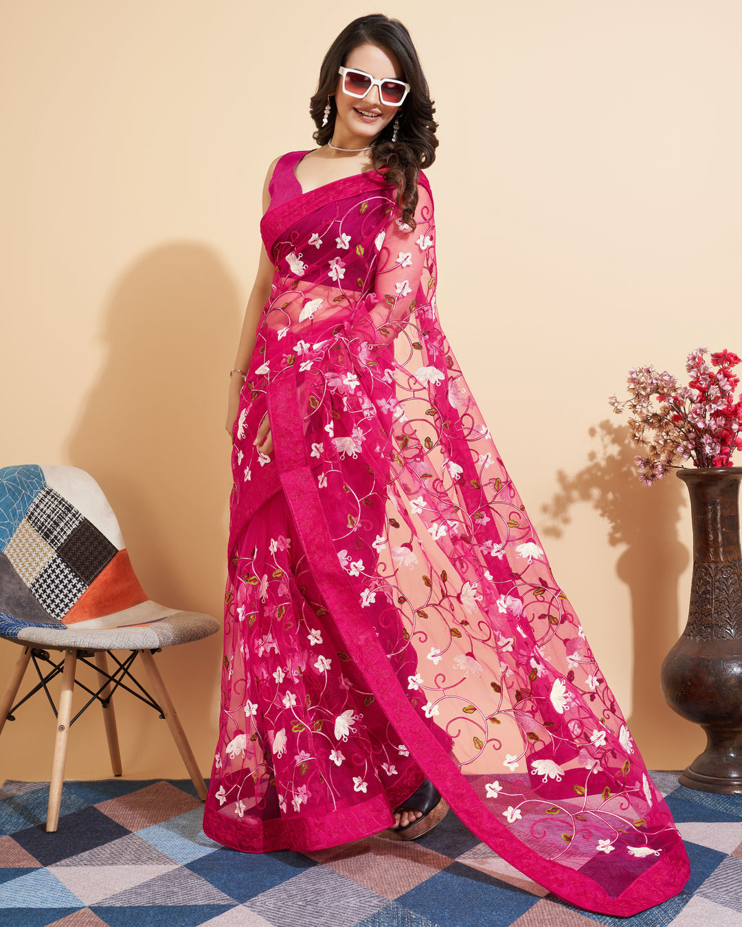 Soft-Net Saree with Multi-Thread Embroidery | Elegant Wedding Attire