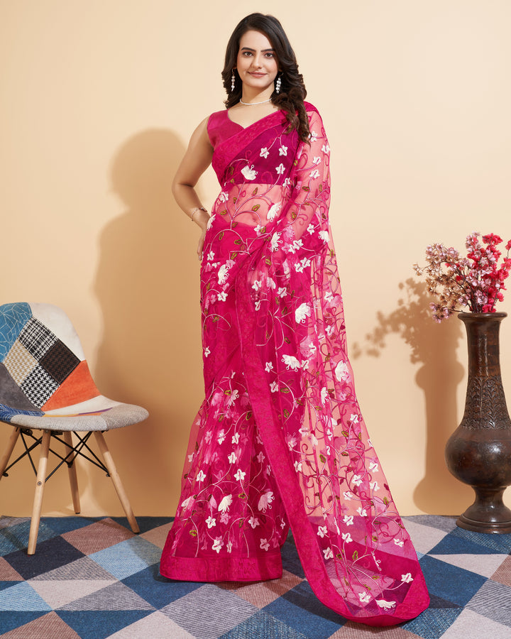 Soft-Net Saree with Multi-Thread Embroidery | Elegant Wedding Attire