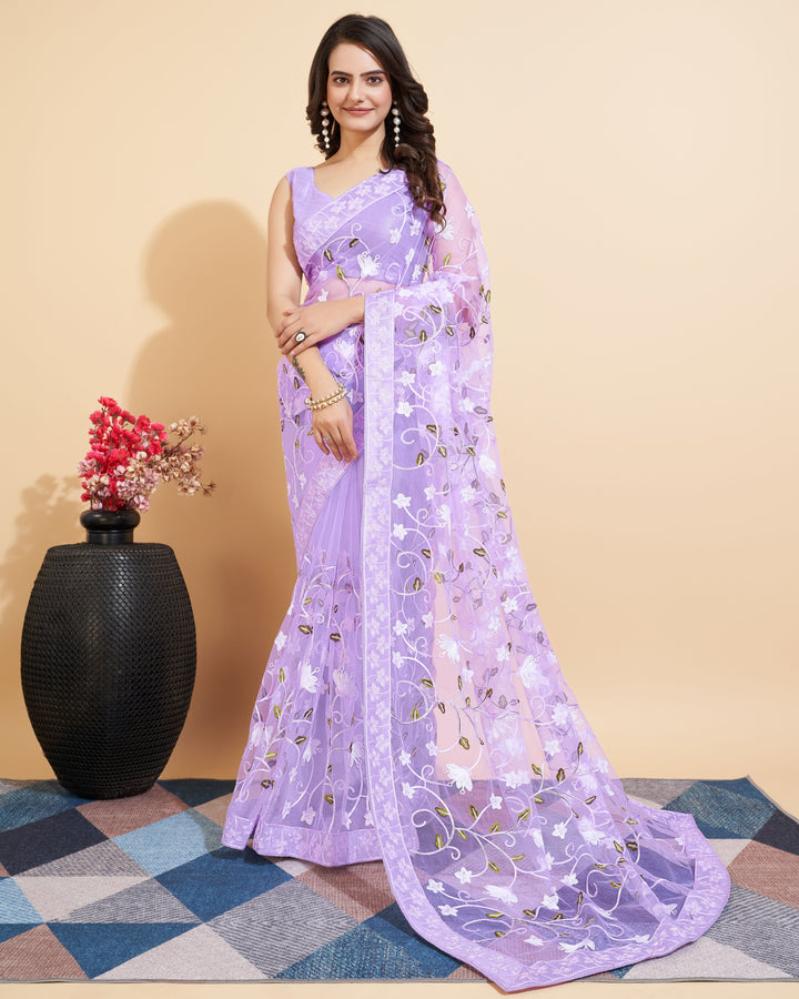 Soft-Net Saree with Multi-Thread Embroidery | Elegant Wedding Attire