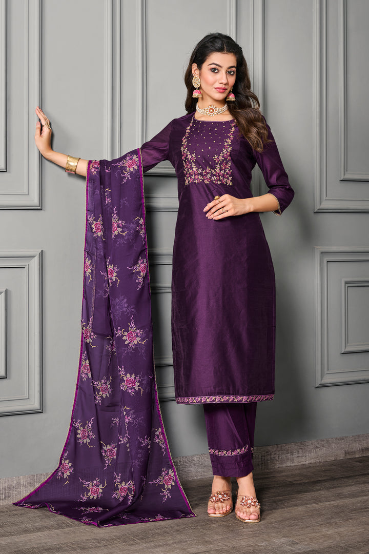 Elegant Cotton Silk | Chanderi Suit with Embroidery & Digital Print Dupatta