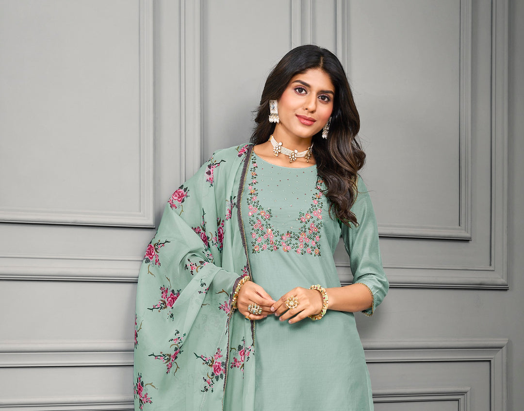 Elegant Cotton Silk | Chanderi Suit with Embroidery & Digital Print Dupatta