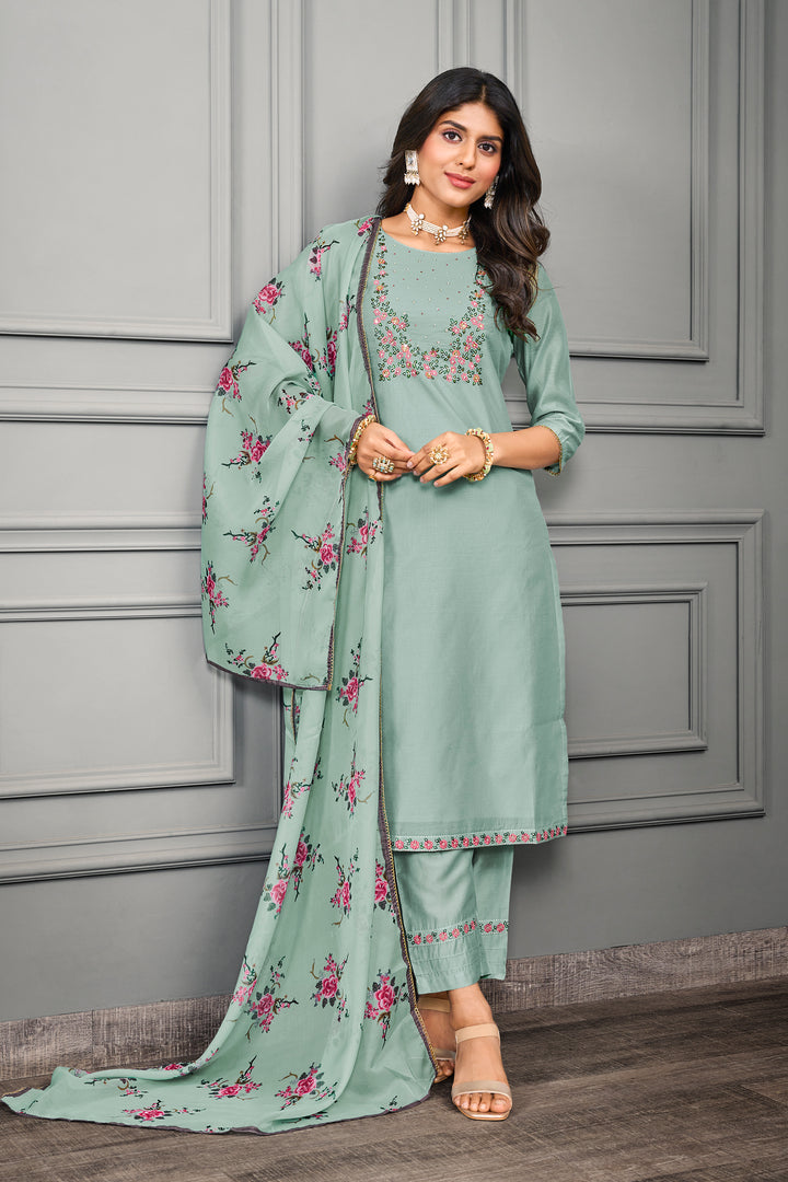 Elegant Cotton Silk | Chanderi Suit with Embroidery & Digital Print Dupatta