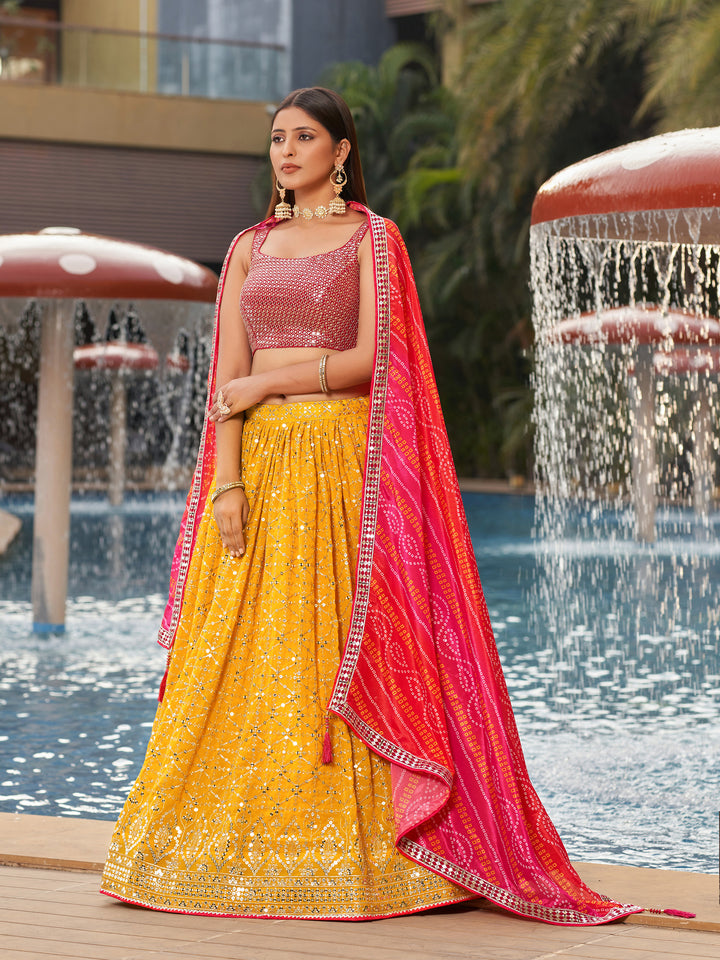 Vibrant Yellow Georgette Lehenga Choli | Chinon Dupatta with Designer Embroidery