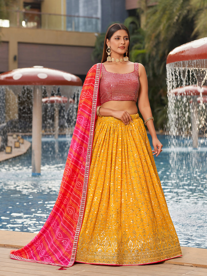 Vibrant Yellow Georgette Lehenga Choli | Chinon Dupatta with Designer Embroidery