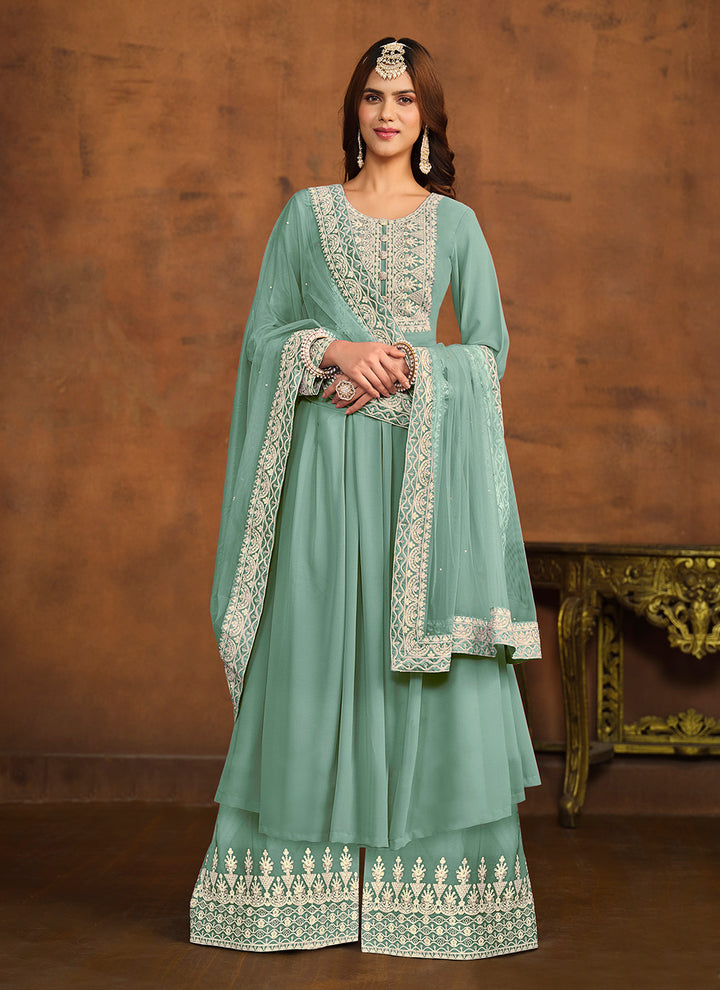 Heavy Embroidered Plazzo Suit | Faux Georgette with Santoon Inner & Dupatta