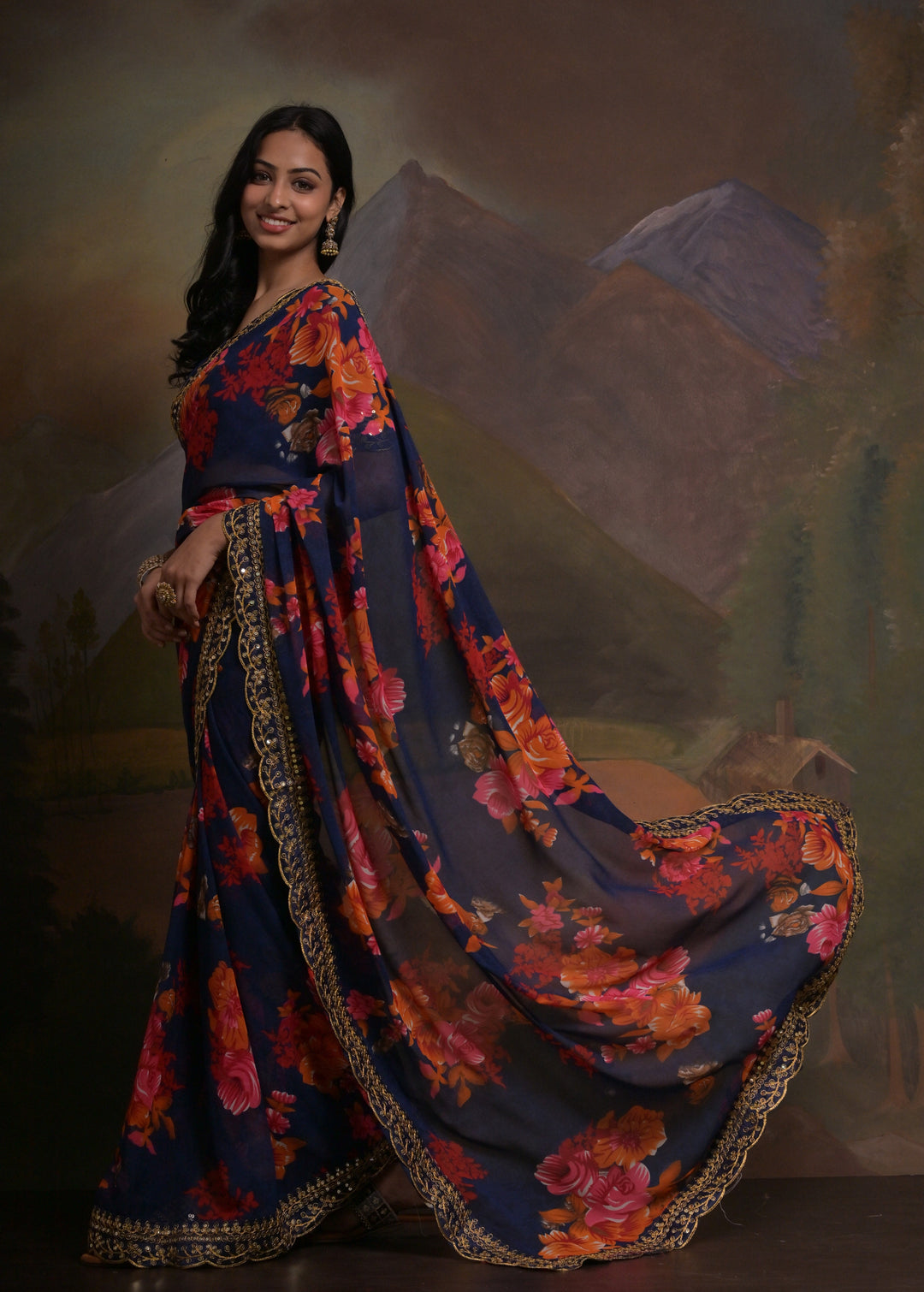 Georgette Saree | Mono-Banglori Blouse | Printed & Embroidered Lace Work