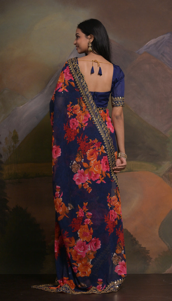 Georgette Saree | Mono-Banglori Blouse | Printed & Embroidered Lace Work