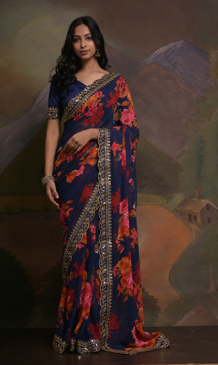 Georgette Saree | Mono-Banglori Blouse | Printed & Embroidered Lace Work