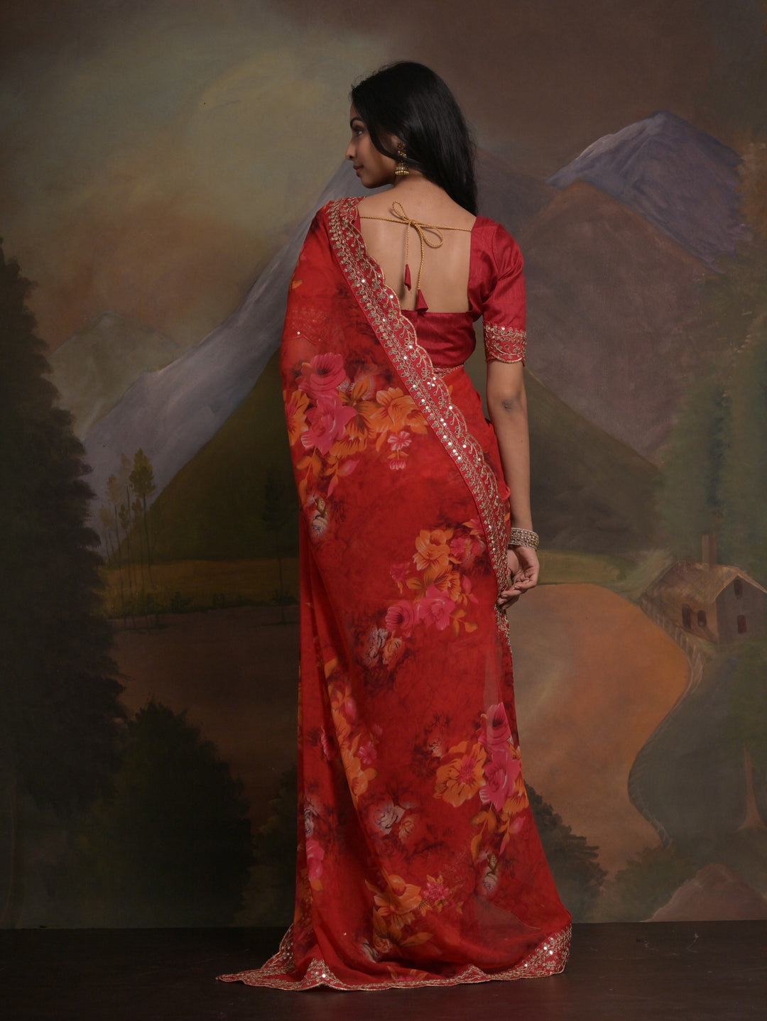 Georgette Saree | Mono-Banglori Blouse | Printed & Embroidered Lace Work