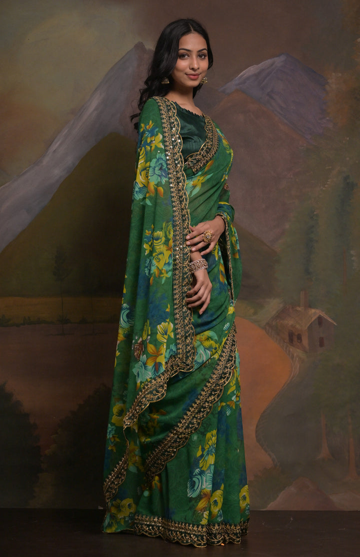 Georgette Saree | Mono-Banglori Blouse | Printed & Embroidered Lace Work