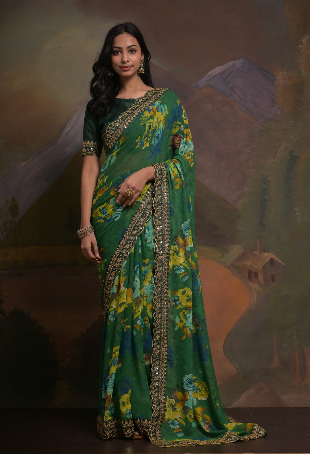 Georgette Saree | Mono-Banglori Blouse | Printed & Embroidered Lace Work