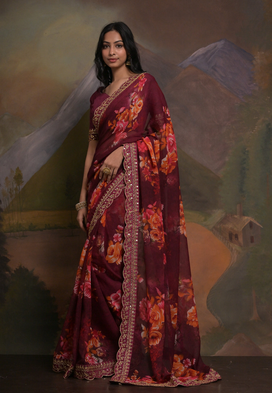 Georgette Saree | Mono-Banglori Blouse | Printed & Embroidered Lace Work