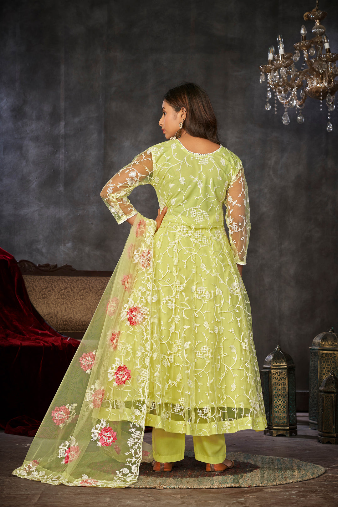 Exquisite Net Anarkali Dress | Designer Embroidery Paired with Santoon Bottom