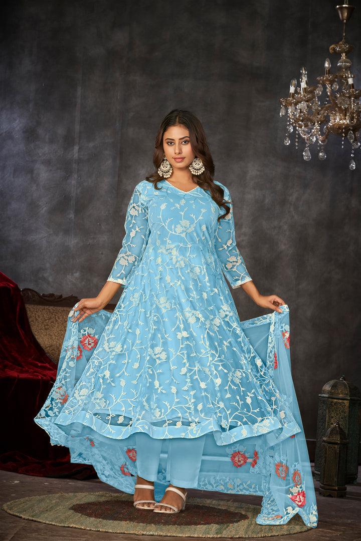 Exquisite Net Anarkali Dress | Designer Embroidery Paired with Santoon Bottom