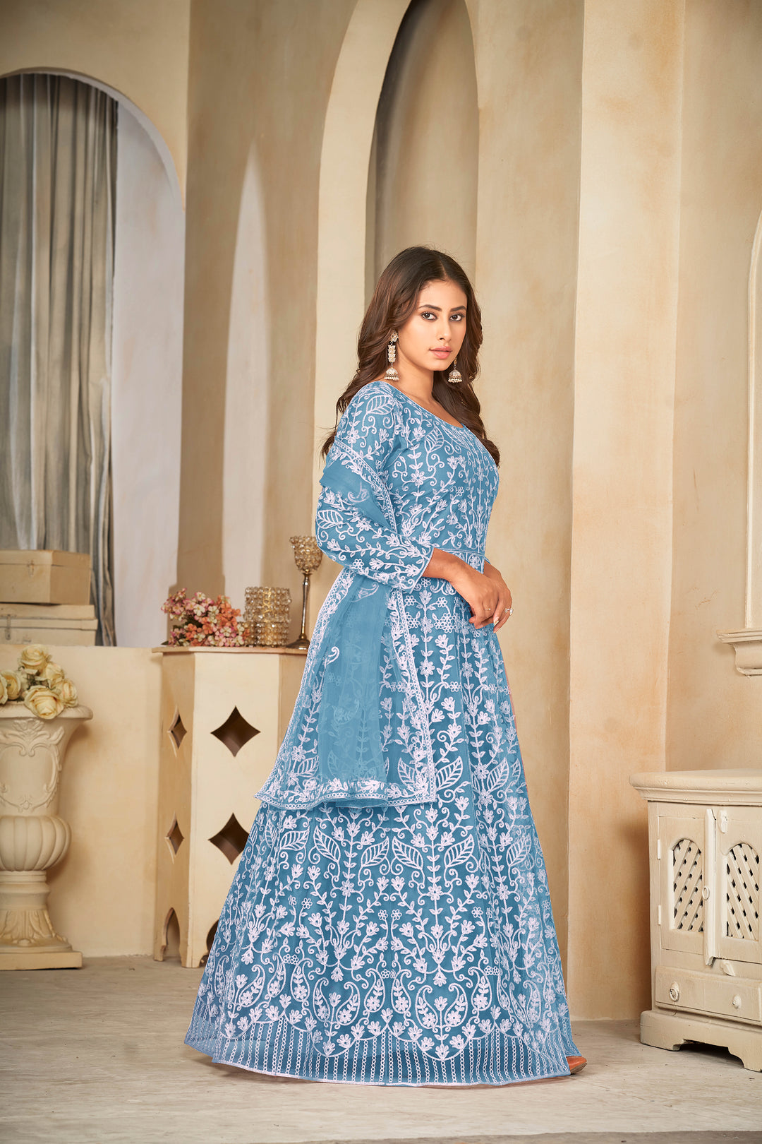 Embroidered Anarkali Set | Elegant Net Suit with Santoon Bottom