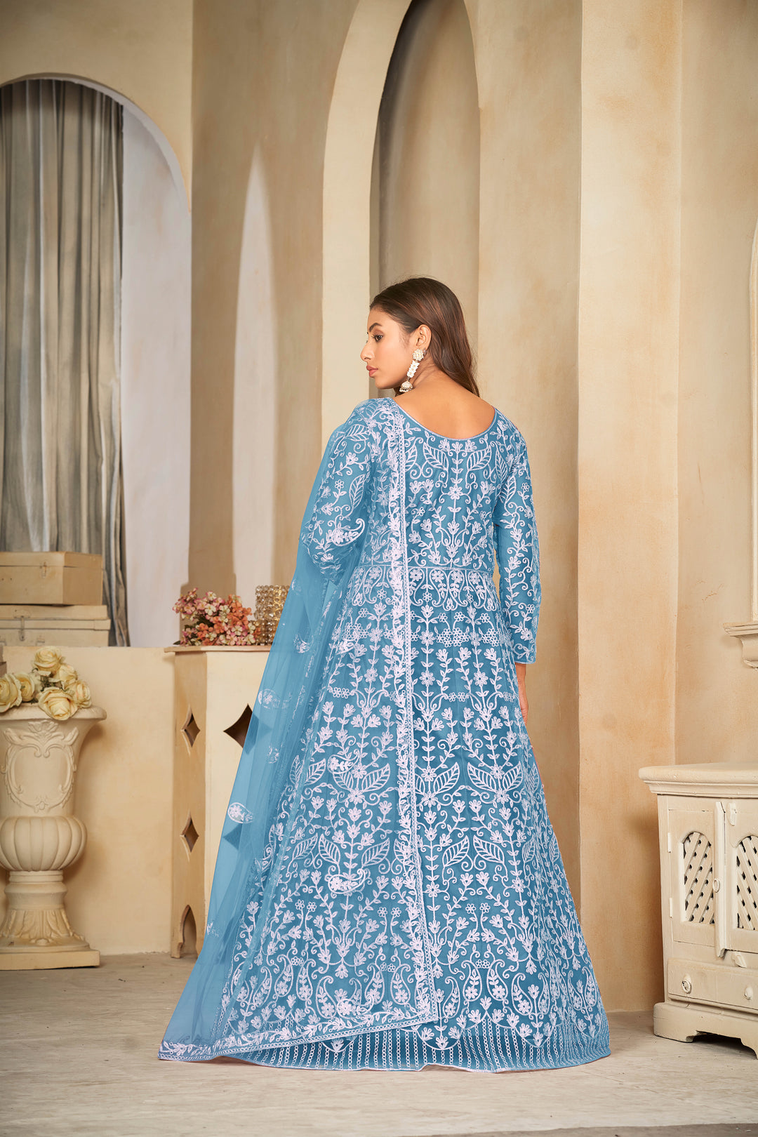 Embroidered Anarkali Set | Elegant Net Suit with Santoon Bottom