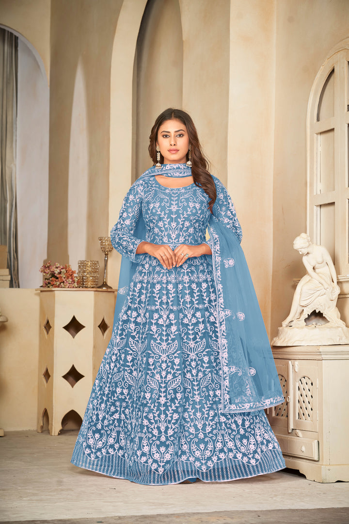 Embroidered Anarkali Set | Elegant Net Suit with Santoon Bottom