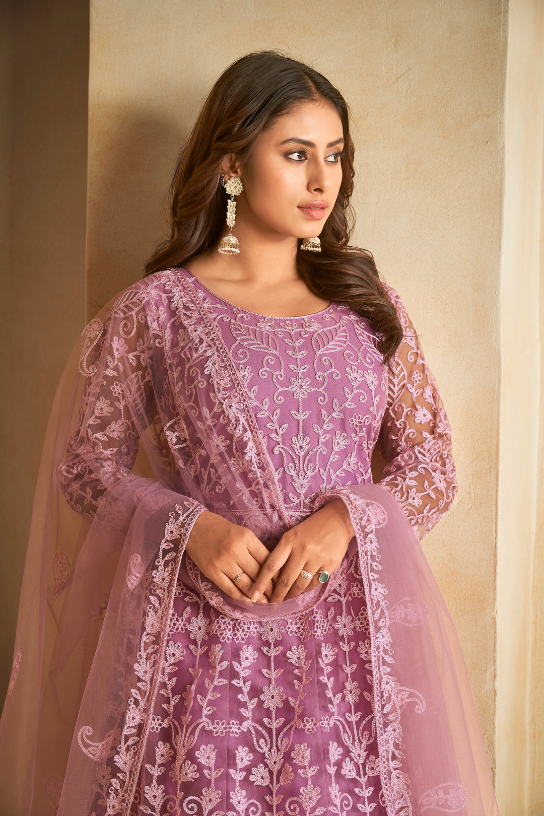 Embroidered Anarkali Set | Elegant Net Suit with Santoon Bottom