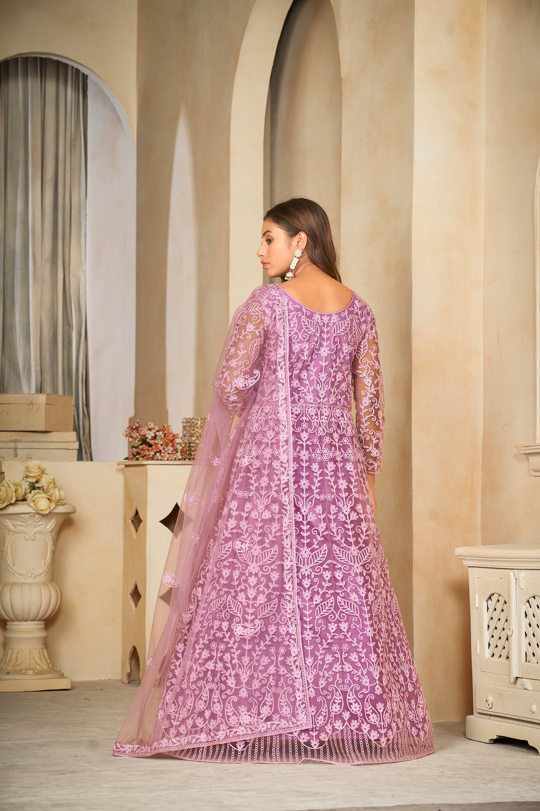 Embroidered Anarkali Set | Elegant Net Suit with Santoon Bottom