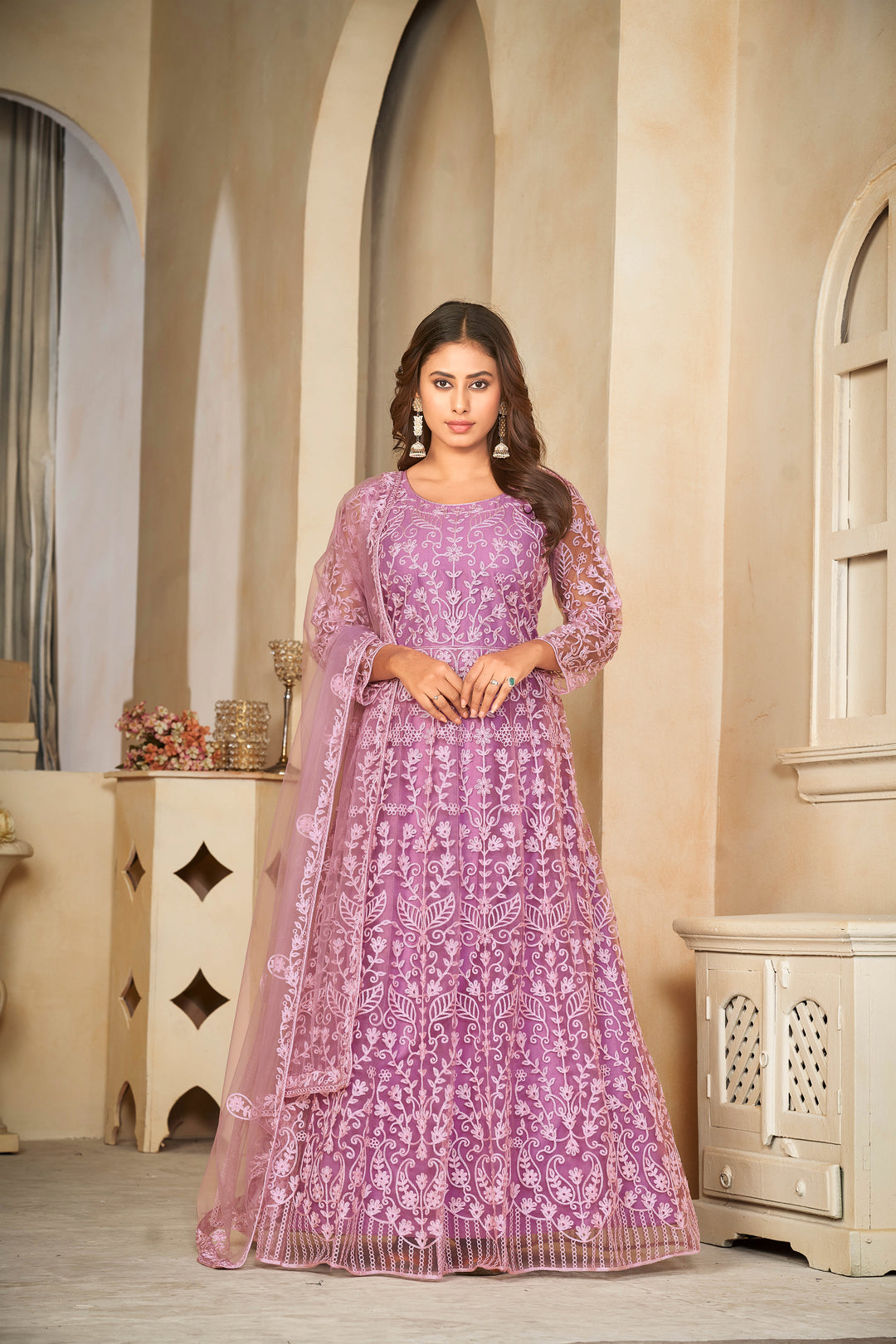 Embroidered Anarkali Set | Elegant Net Suit with Santoon Bottom