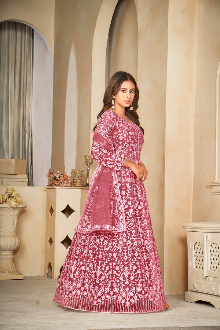 Embroidered Anarkali Set | Elegant Net Suit with Santoon Bottom