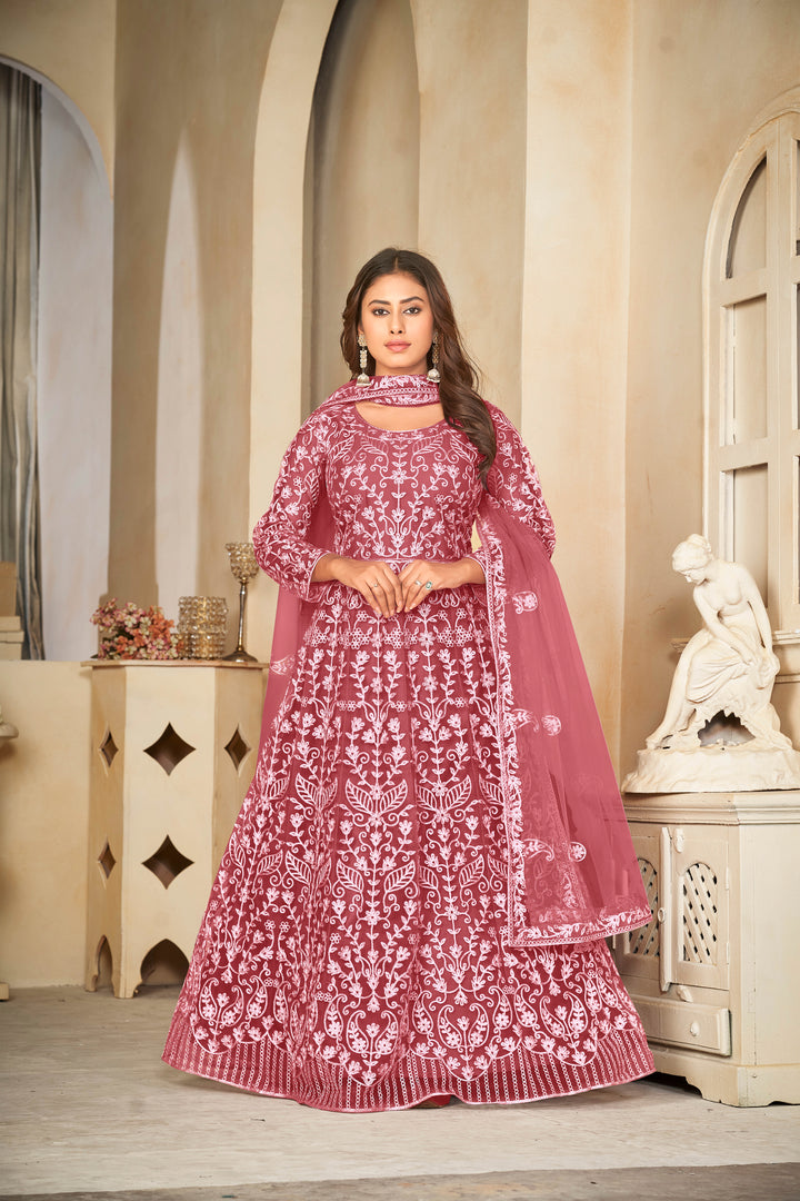 Embroidered Anarkali Set | Elegant Net Suit with Santoon Bottom