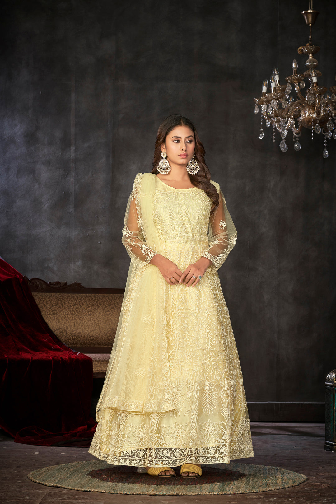 Graceful Anarkali Dress | Stunning Embroidery Work Paired with Net Dupatta