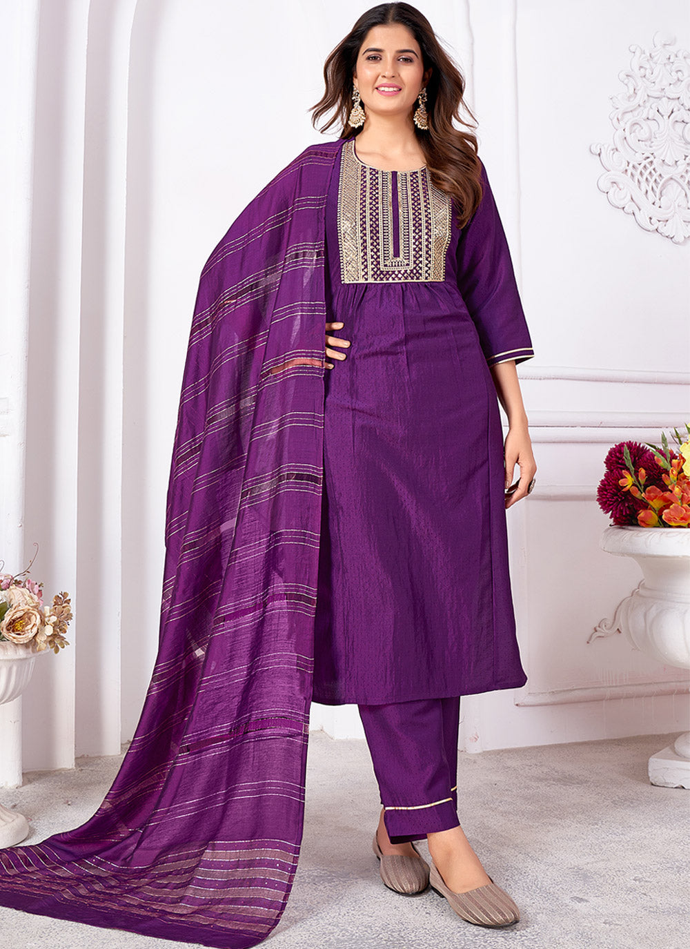 Elegant Readymade Suit | Vertical Silk Top & Bottom with Banarasi Dupatta