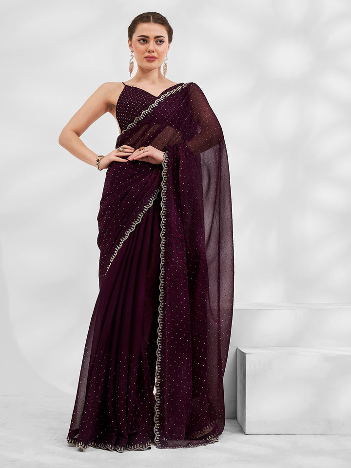 Elegant Shimmer-Chiffon Saree with Heavy Swarovski Work | Art-Silk Blouse for Weddings