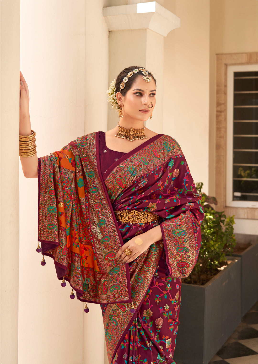 Designer Velvet-Tussar-Silk Saree | Floral-Printed | Wedding & Festive