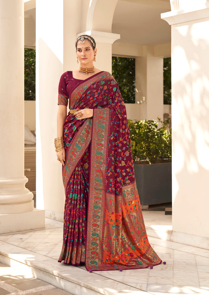 Designer Velvet-Tussar-Silk Saree | Floral-Printed | Wedding & Festive