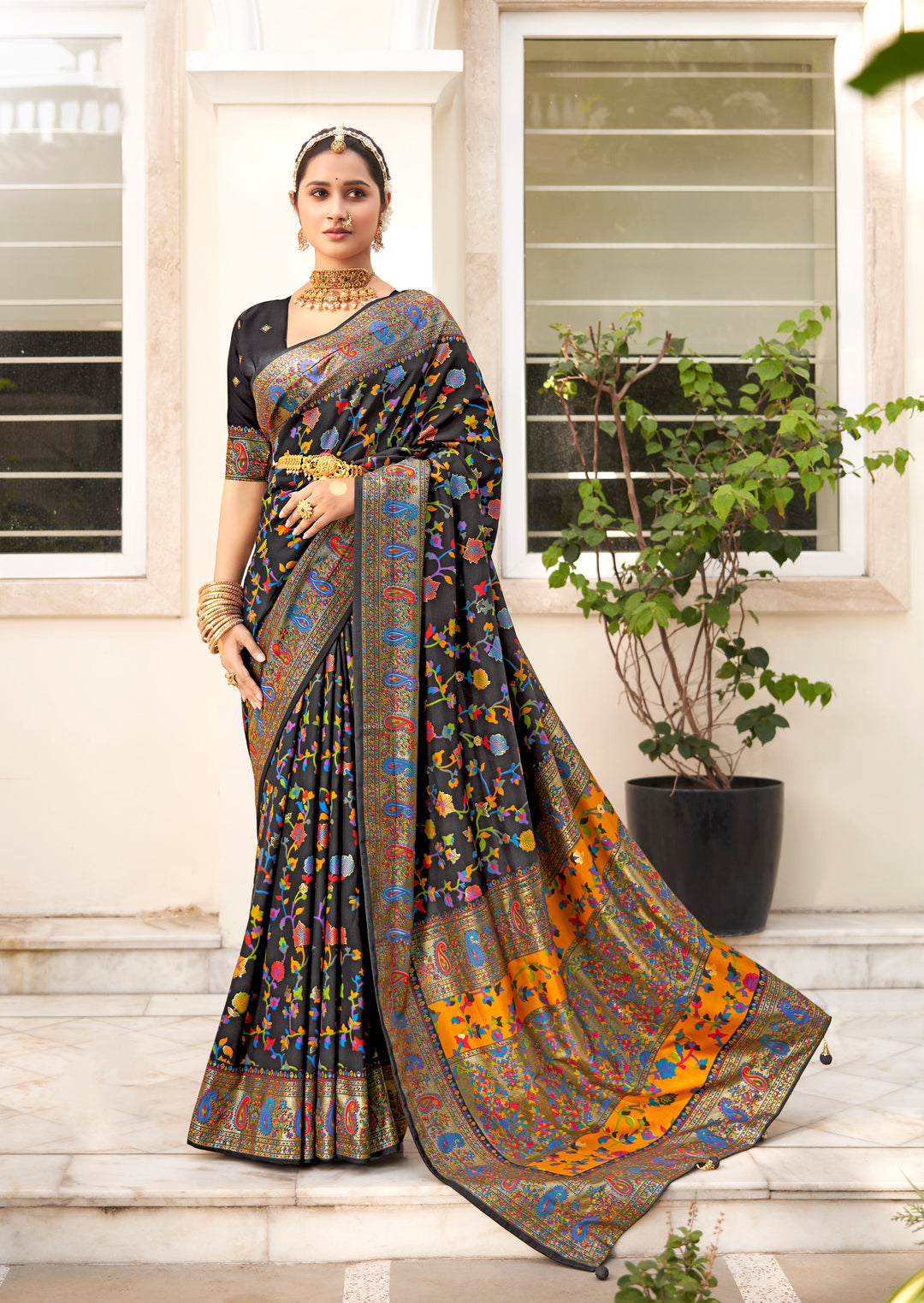 Designer Velvet-Tussar-Silk Saree | Floral-Printed | Wedding & Festive