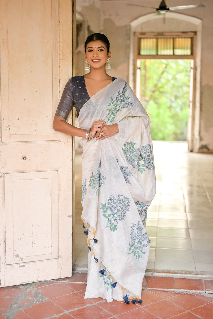 Muga Cotton Party Wear Saree | Designer Printed with Khadi Cotton Wevon Blouse