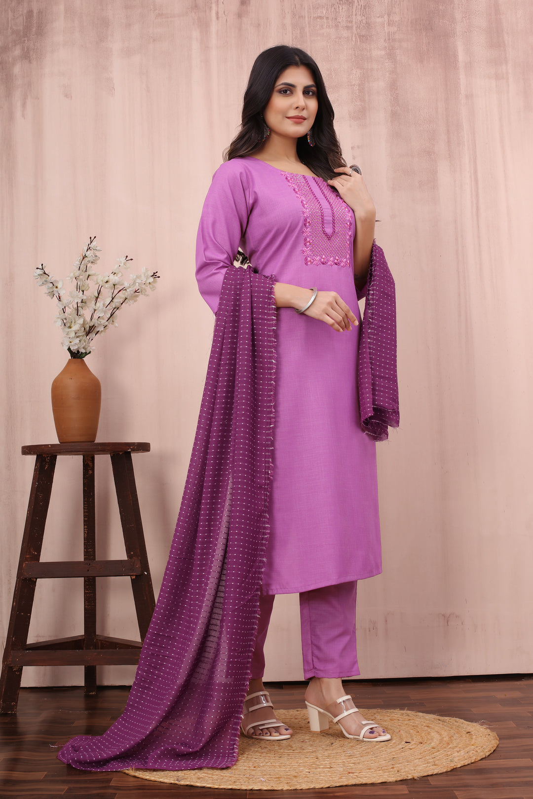 Designer Embroidered Cotton Slub Suit | Stylish Readymade Set