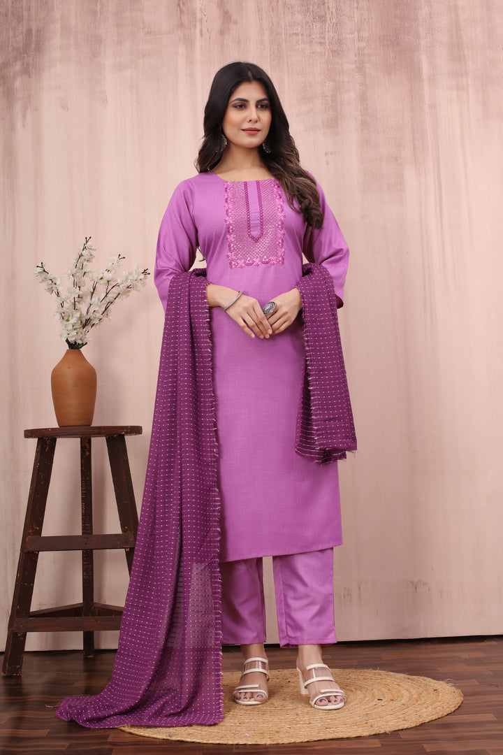 Designer Embroidered Cotton Slub Suit | Stylish Readymade Set