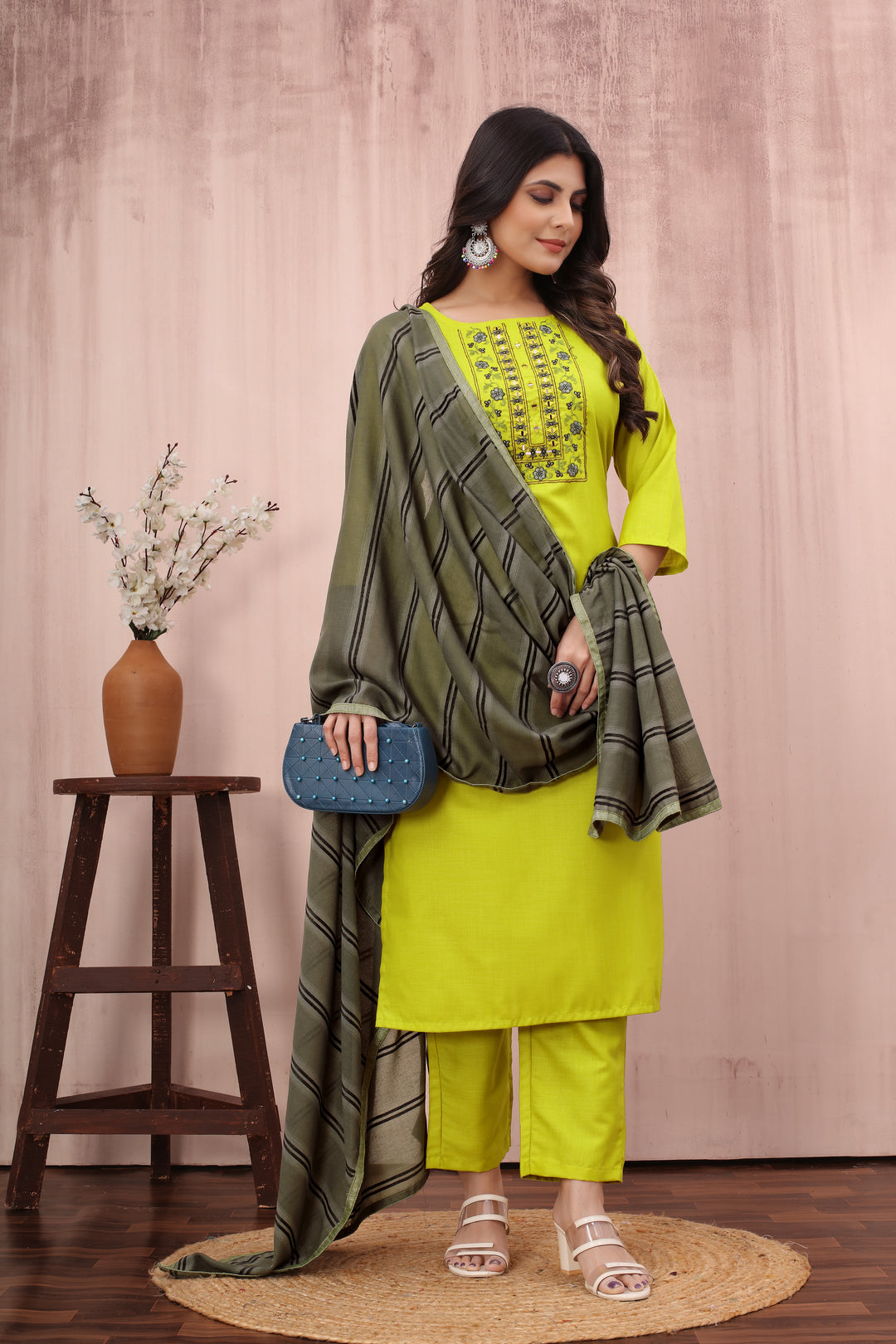 Attractive Lime Green Readymade Cotton Slub Suit | Designer Embroidery Work