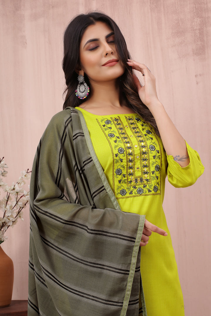 Attractive Lime Green Readymade Cotton Slub Suit | Designer Embroidery Work