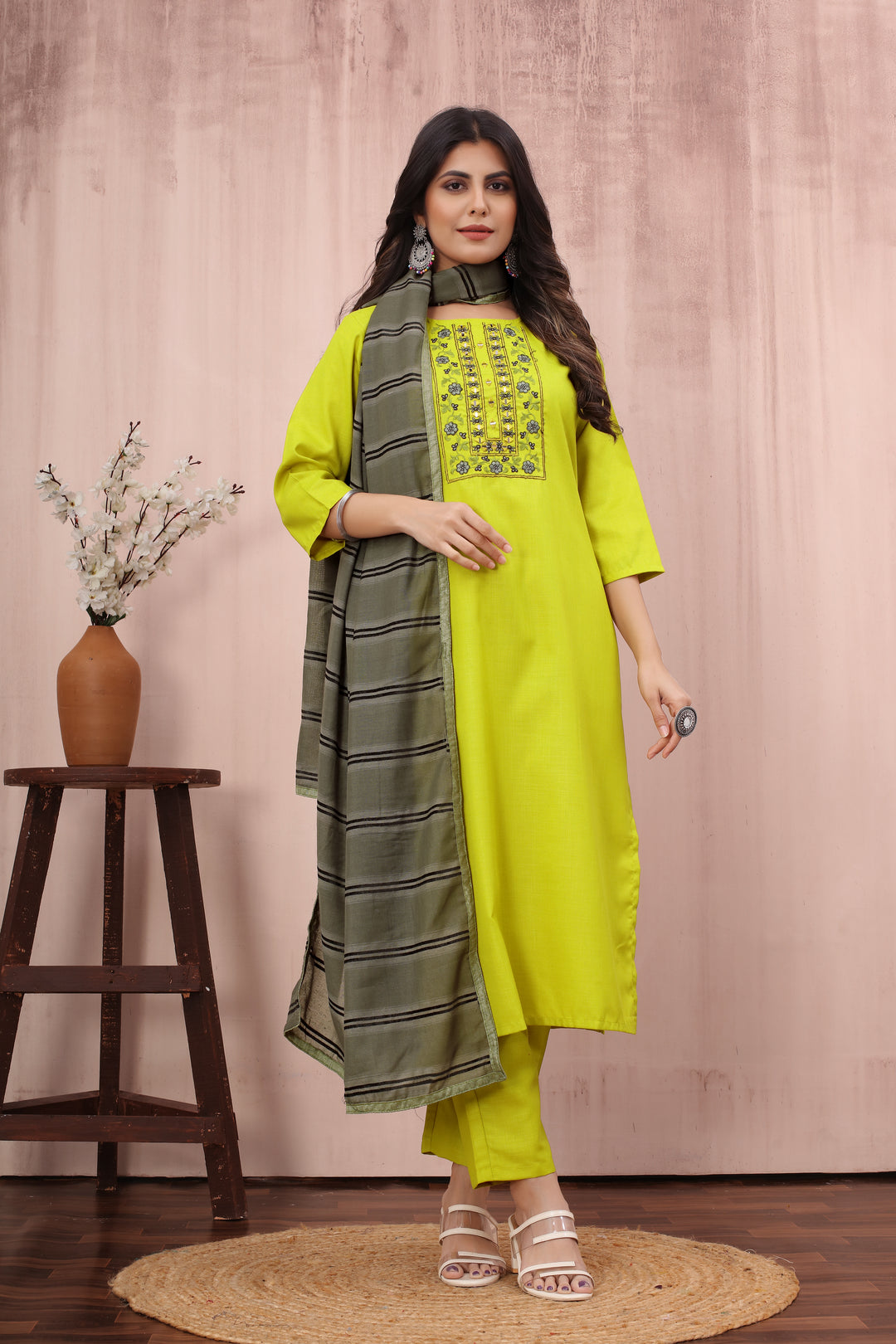 Attractive Lime Green Readymade Cotton Slub Suit | Designer Embroidery Work