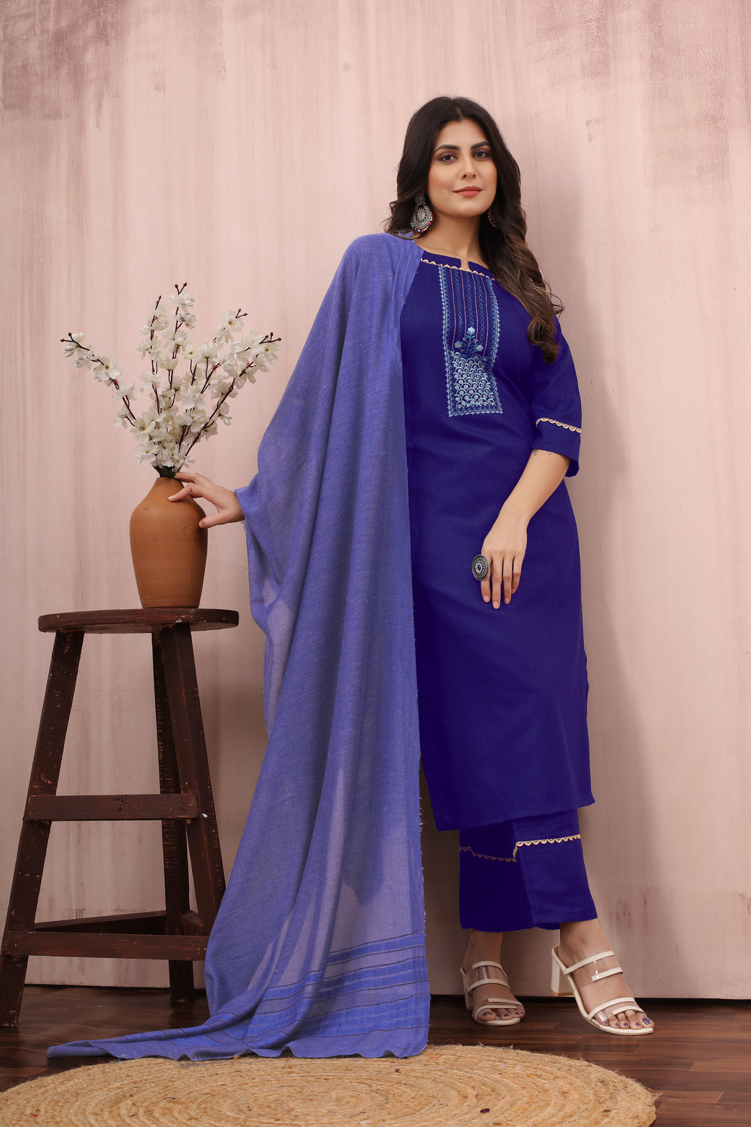 Designer Embroidery Work Blue Readymade Suit | Elegant Cotton Slub Top