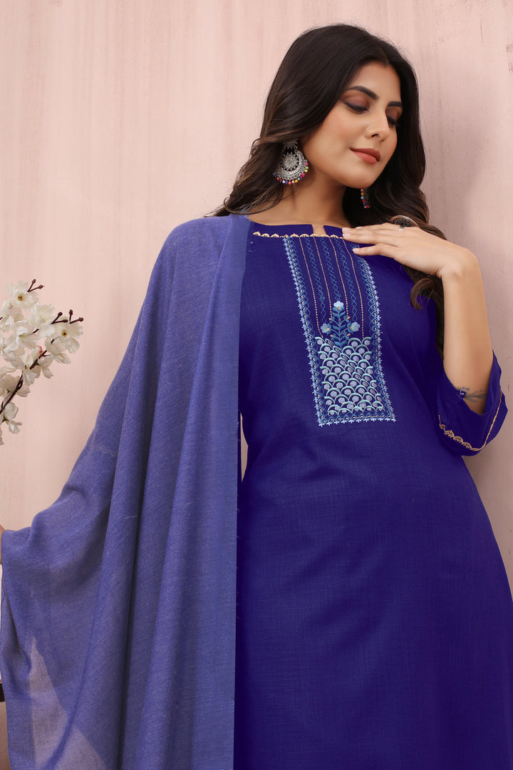 Designer Embroidery Work Blue Readymade Suit | Elegant Cotton Slub Top