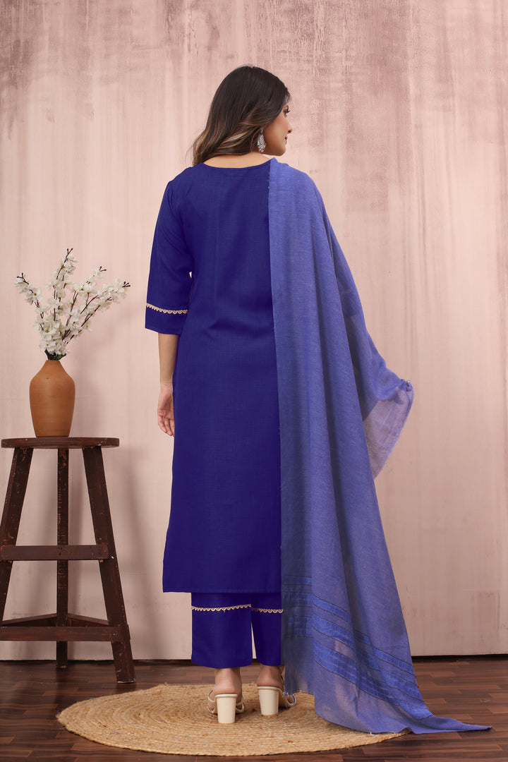 Designer Embroidery Work Blue Readymade Suit | Elegant Cotton Slub Top