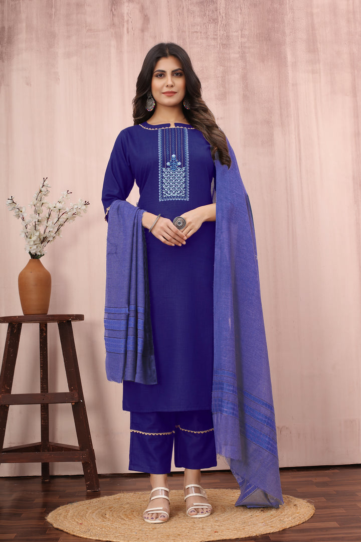 Designer Embroidery Work Blue Readymade Suit | Elegant Cotton Slub Top