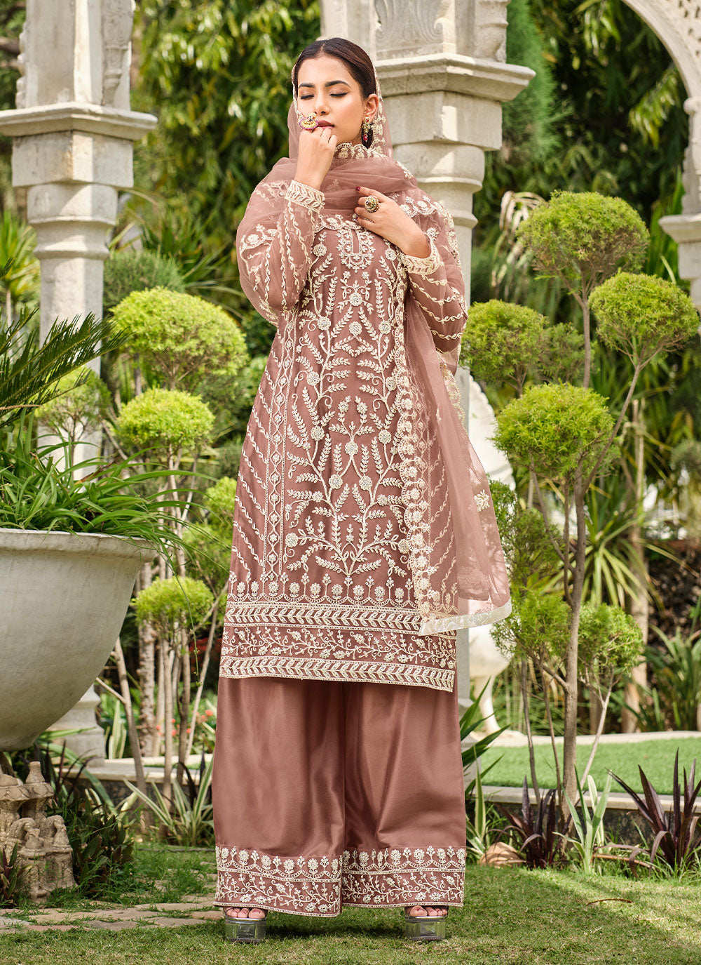 Elegant Butterfly Net Satin Plazzo Suit | Designer Embroidery & Stone Work