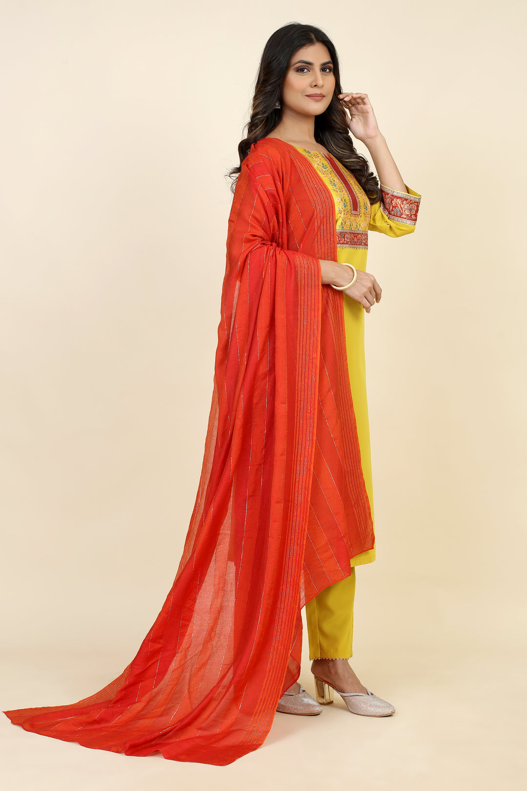 Designer Digital Printed Readymade Suit | Yellow & Orange Crepe Fabric