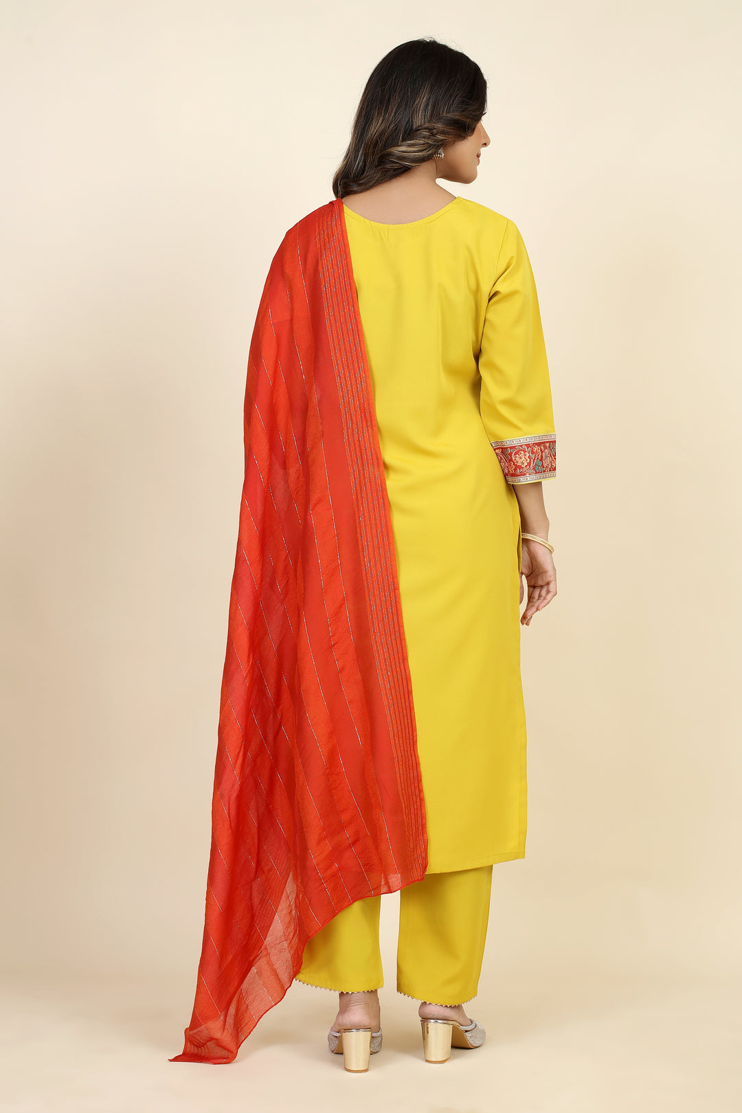 Designer Digital Printed Readymade Suit | Yellow & Orange Crepe Fabric